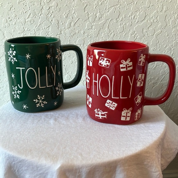 Rae Dunn: Festive Green Jolly & Red Holly Holiday Mugs- set of 2 - Picture 1 of 15